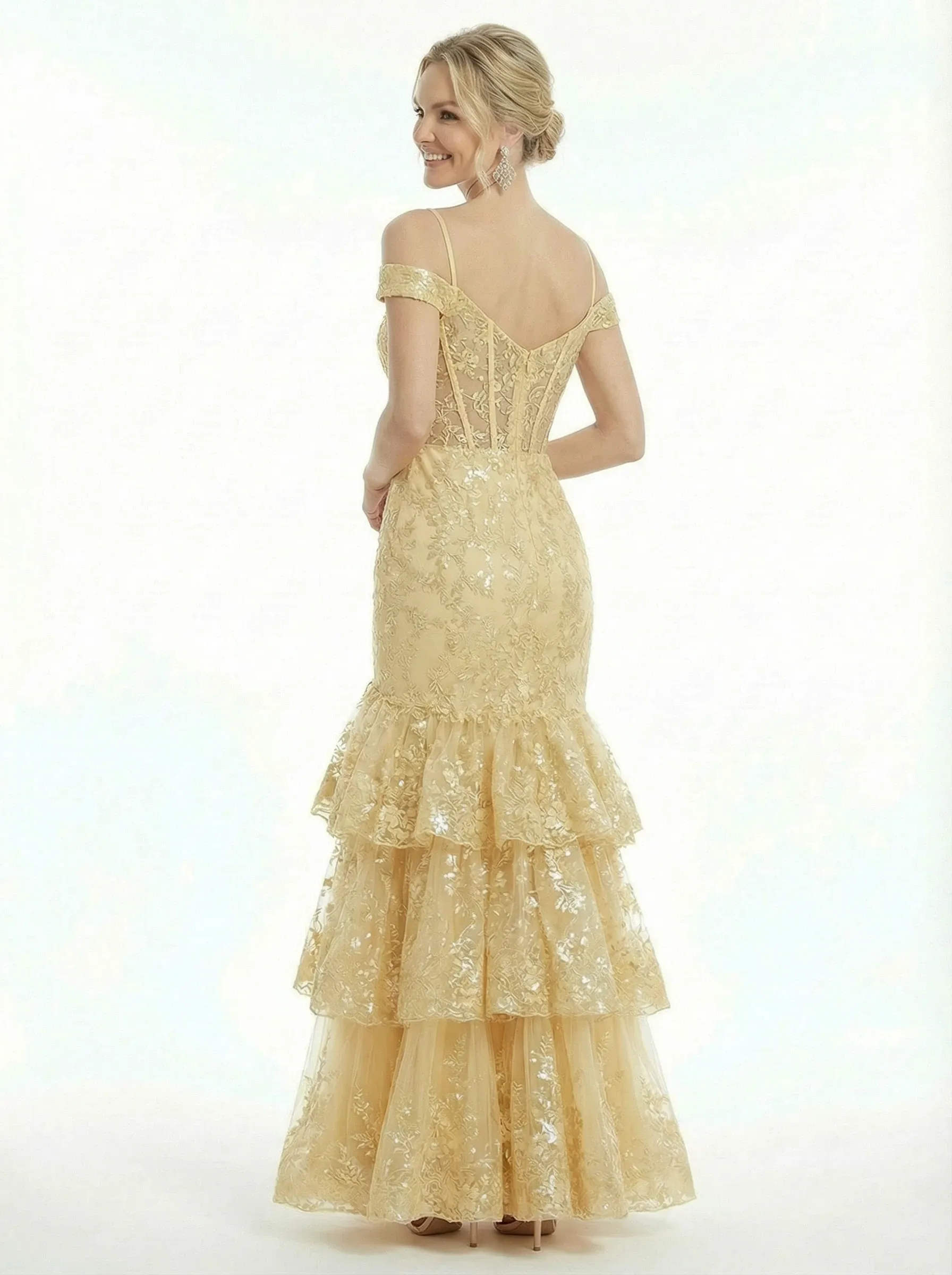 Elegant Cold Shoulder Mermaid Prom Gown Classy Tiered Ruffle Lace Long Formal Dress sold by ChicSew product image thumbnail 2