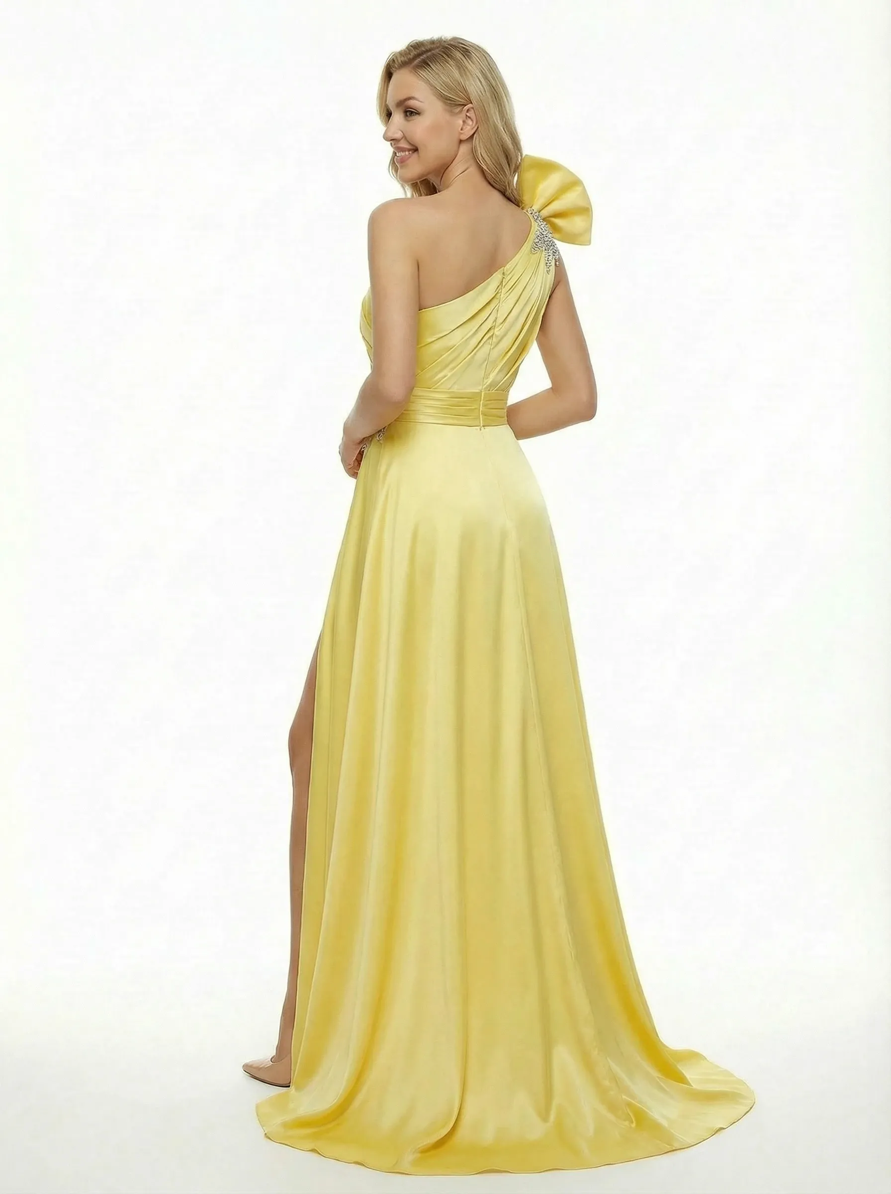 Fancy One Shoulder Beaded Satin Ruched Long Party Prom Dress With Slit sold by ChicSew product image thumbnail 3
