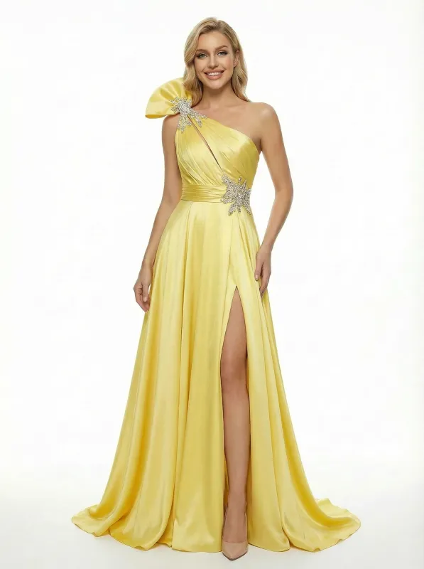 Fancy One Shoulder Beaded Satin Ruched Long Party Prom Dress With Slit sold by ChicSew