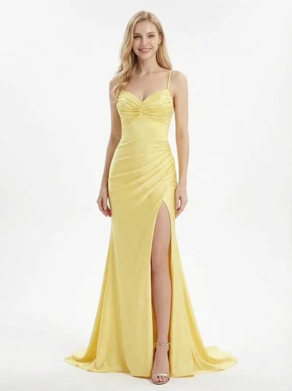 Beautiful Ruched Satin Mermaid Gown Sexy Spaghetti Strap Evening Dress Slit sold by ChicSew