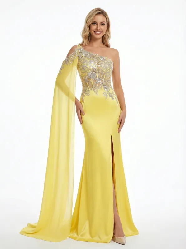 Unique One Shoulder Cape Sleeve Prom Gown Sexy Sheath Evening Dress with Floral Applique sold by ChicSew
