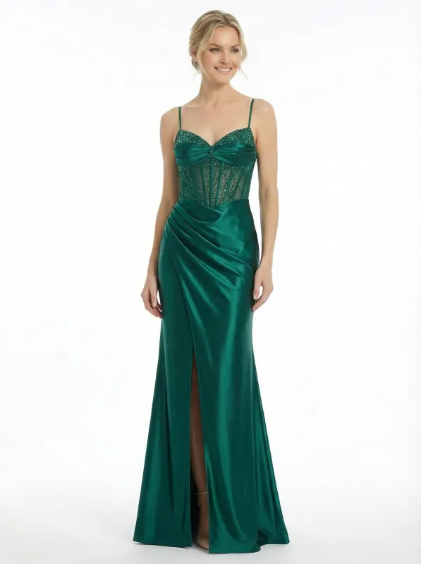 Classy Beaded Bustier Satin Maxi Dress Corset Prom Gown with Leg Slit sold by ChicSew