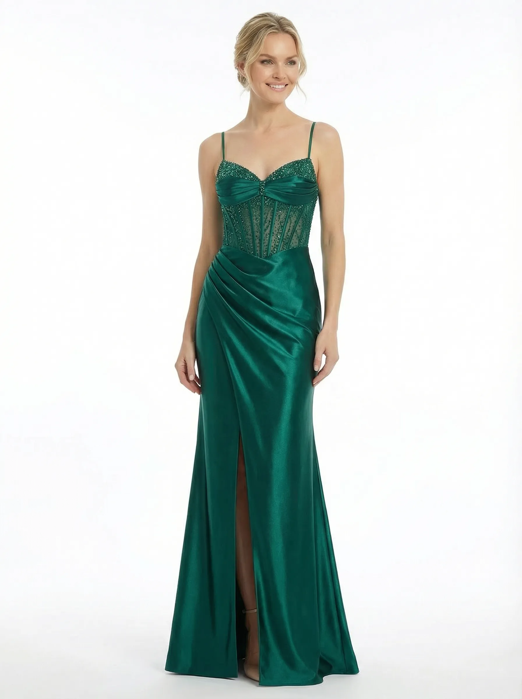 Classy Beaded Bustier Satin Maxi Dress Corset Prom Gown with Leg Slit sold by ChicSew