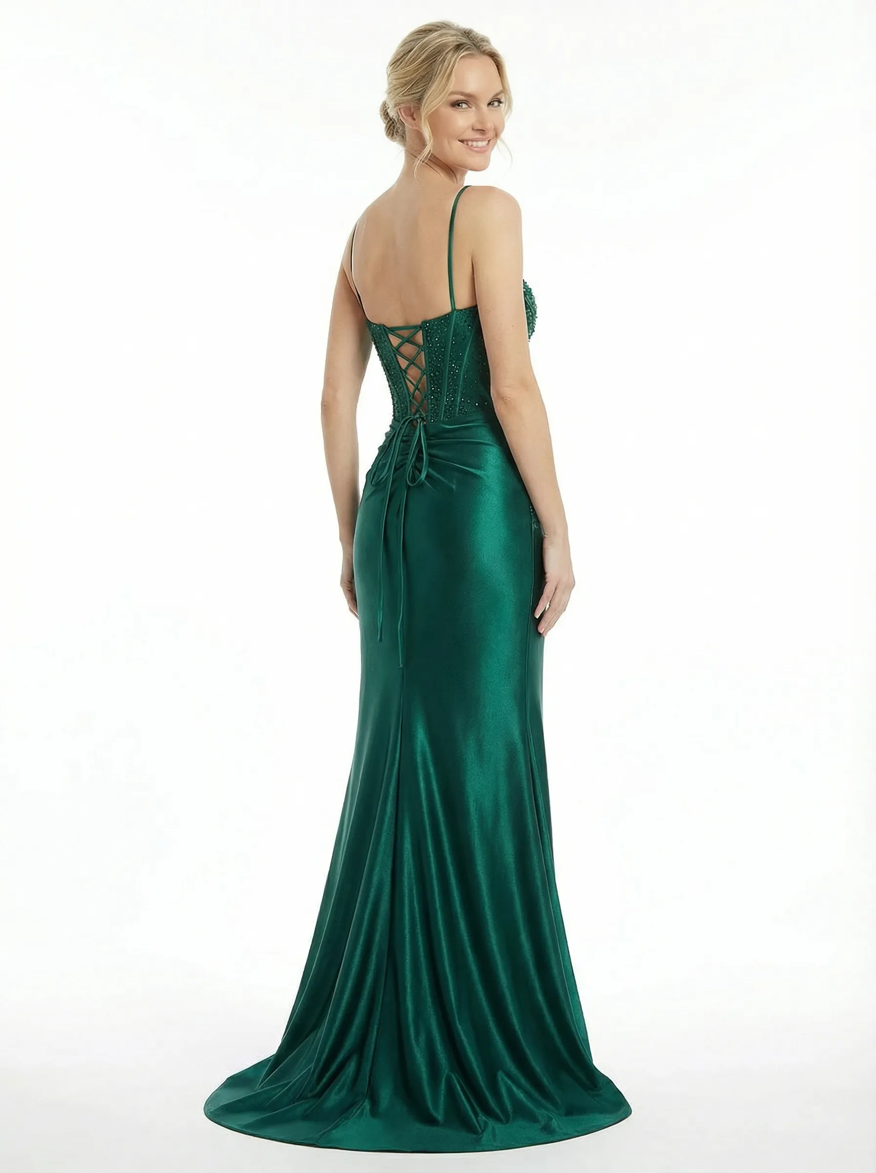 Classy Beaded Bustier Satin Maxi Dress Corset Prom Gown with Leg Slit sold by ChicSew product image thumbnail 3