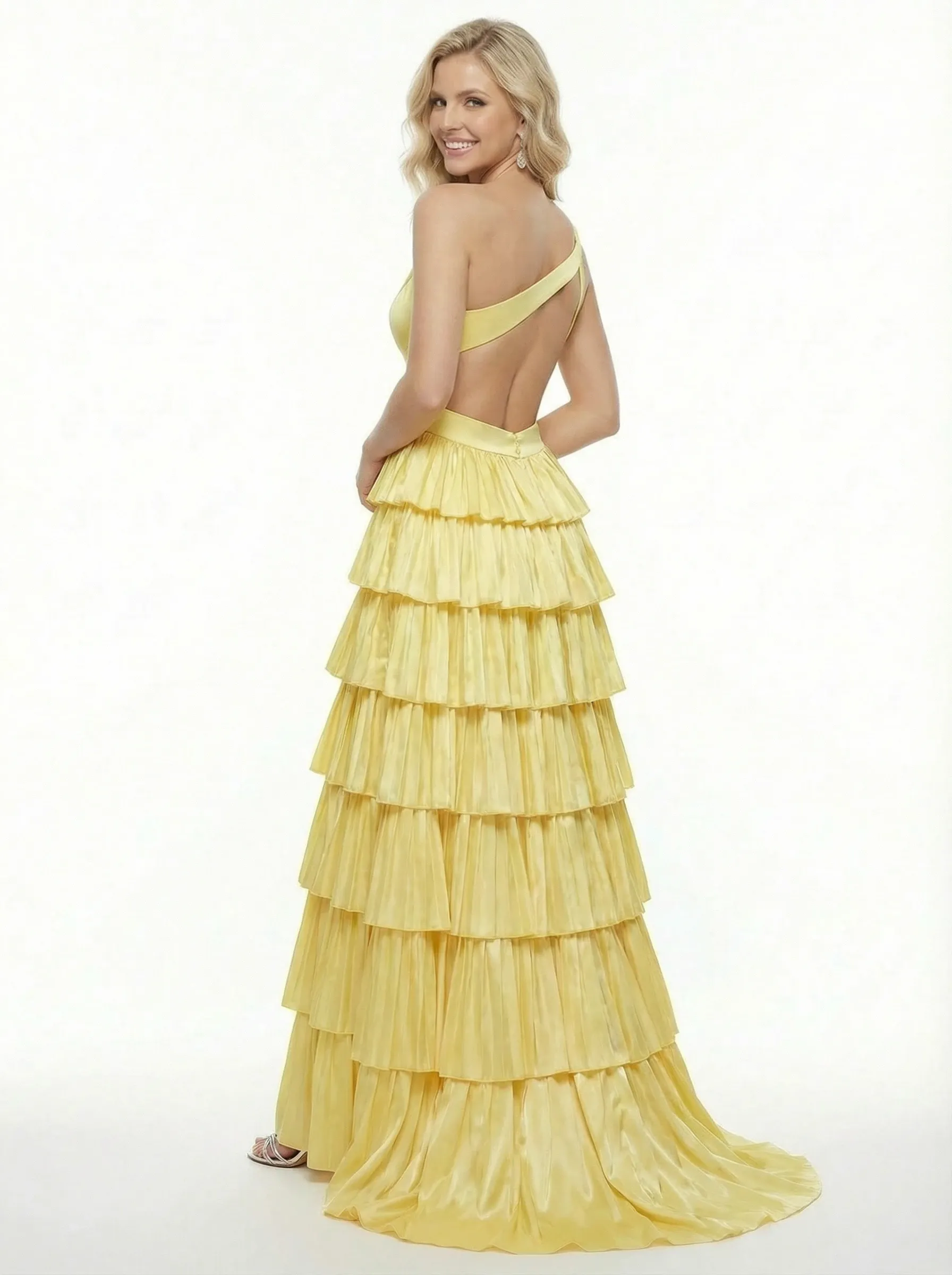 Unique Tiered Ruffle Satin Ball Gown Sexy Cut out Waist V-Neck Floor Length Graduation Dress sold by ChicSew product image thumbnail 3