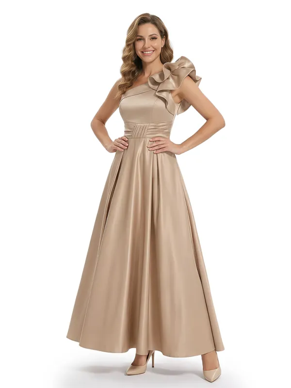 Elegant One Shoulder Mother Of The Bride Dress Satin A-Line Evening Gown With Ruffles sold by ChicSew