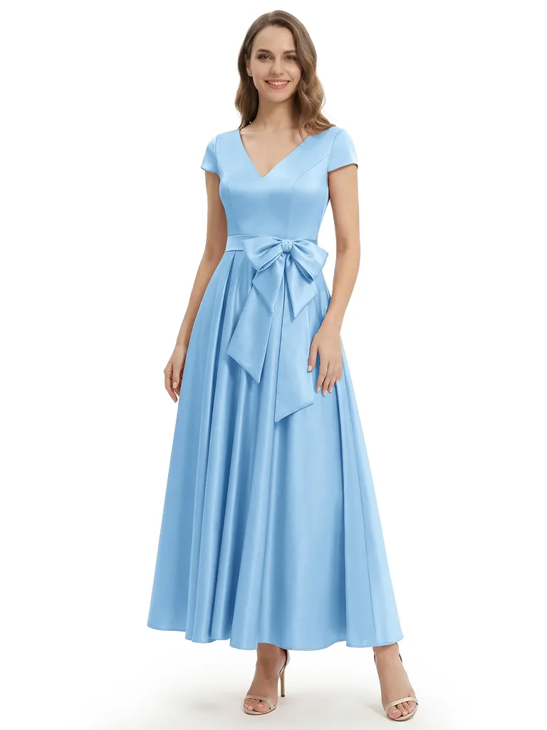 Pretty Short Sleeve A-Line Short Mother Of The Groom Dress Satin V-Neck With Bow Knot sold by ChicSew product image thumbnail 5