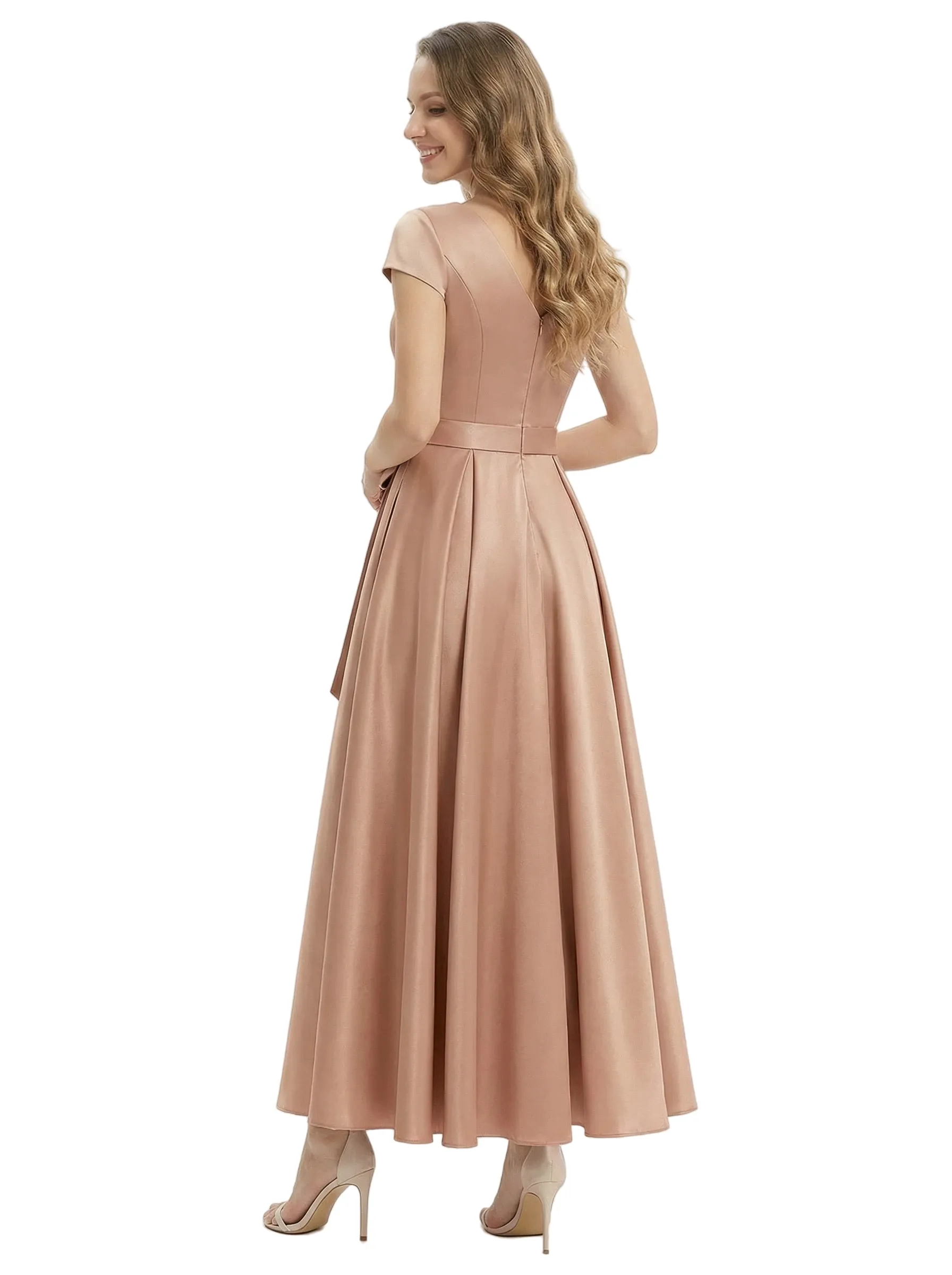 Pretty Short Sleeve A-Line Short Mother Of The Groom Dress Satin V-Neck With Bow Knot sold by ChicSew product image thumbnail 3