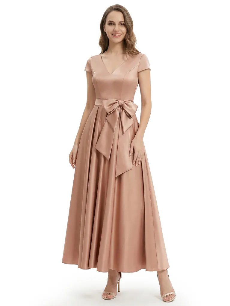 Pretty Short Sleeve A-Line Short Mother Of The Groom Dress Satin V-Neck With Bow Knot sold by ChicSew