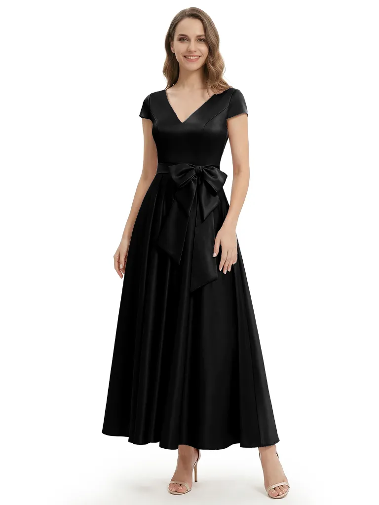 Pretty Short Sleeve A-Line Short Mother Of The Groom Dress Satin V-Neck With Bow Knot sold by ChicSew product image thumbnail 4