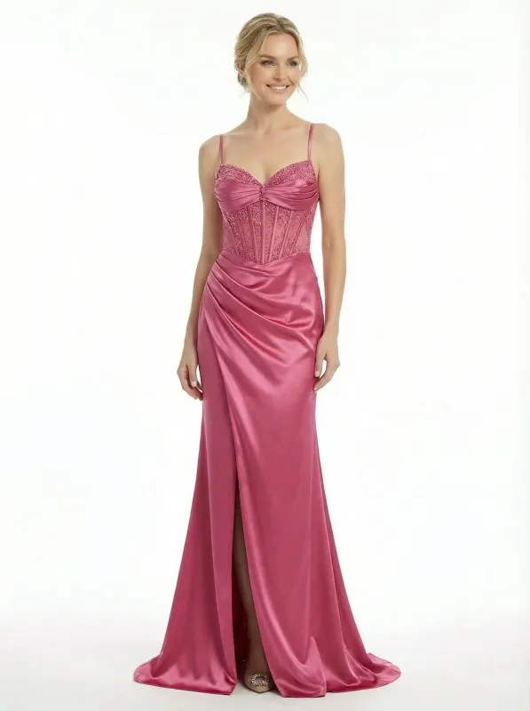 Elegant Corset Bodice Satin Gown Sexy Sheath Evening Dress with Ruched Slit Skirt sold by ChicSew
