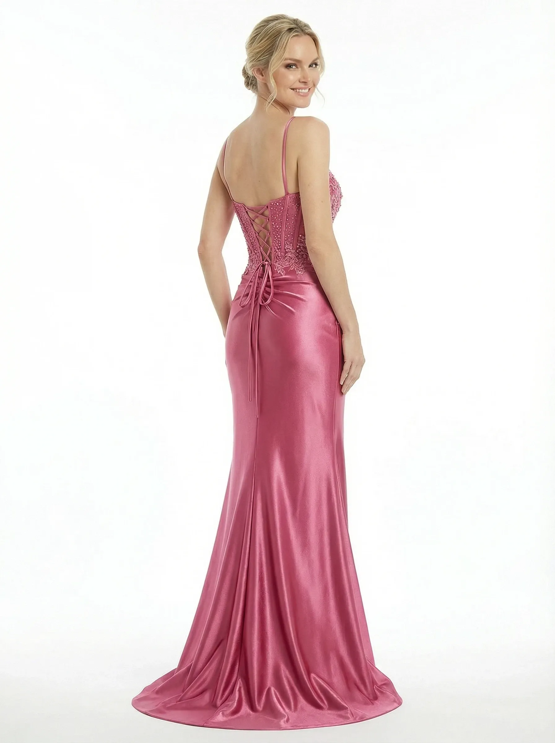 Elegant Corset Bodice Satin Gown Sexy Sheath Evening Dress with Ruched Slit Skirt sold by ChicSew product image thumbnail 2