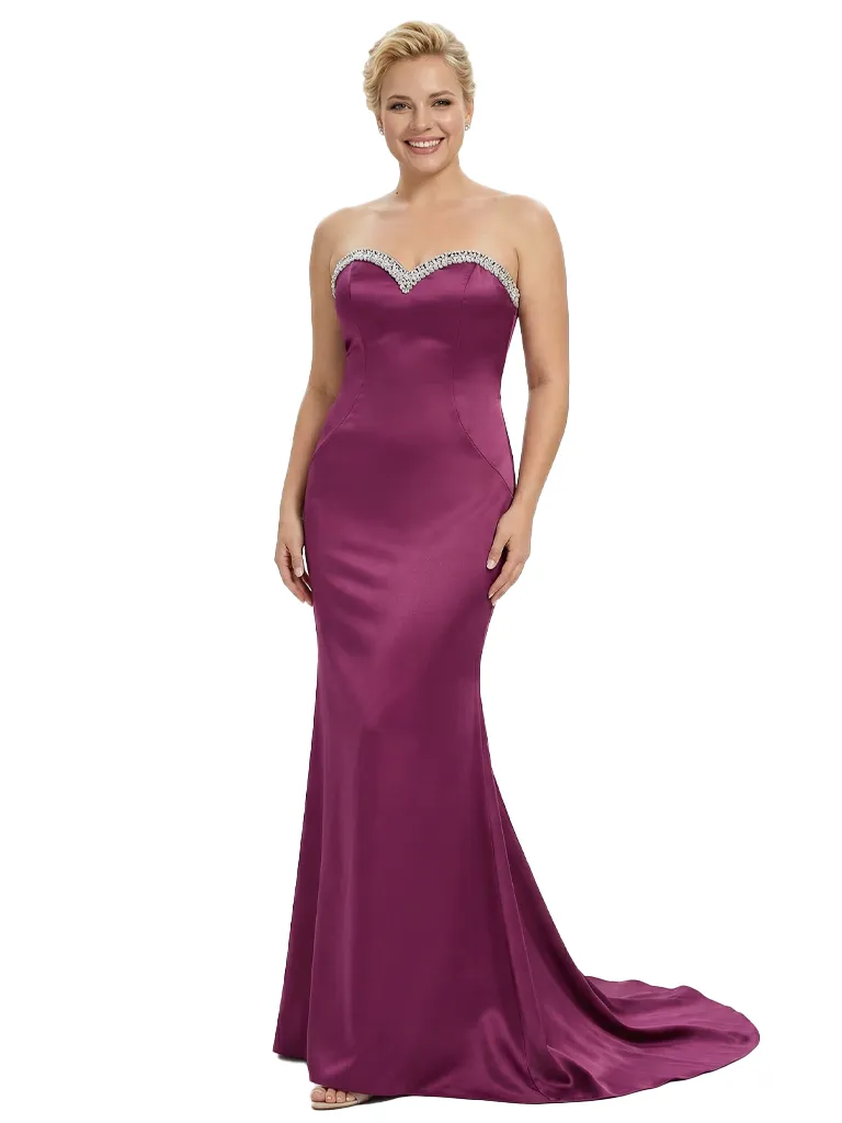 Stylish Strapless Sweetheart Satin Mother of The Bride Dress Floor-Length Mermaid Gown Beading Glamorous Wedding Formal Wear sold by ChicSew
