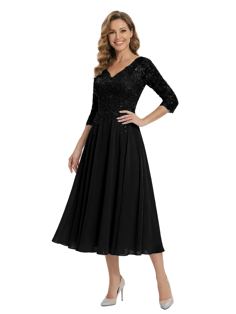 Classy Tea-Length Mother Of The Bride Dress Lace With Long Sleeves Chiffon A-line Gown sold by ChicSew product image thumbnail 4