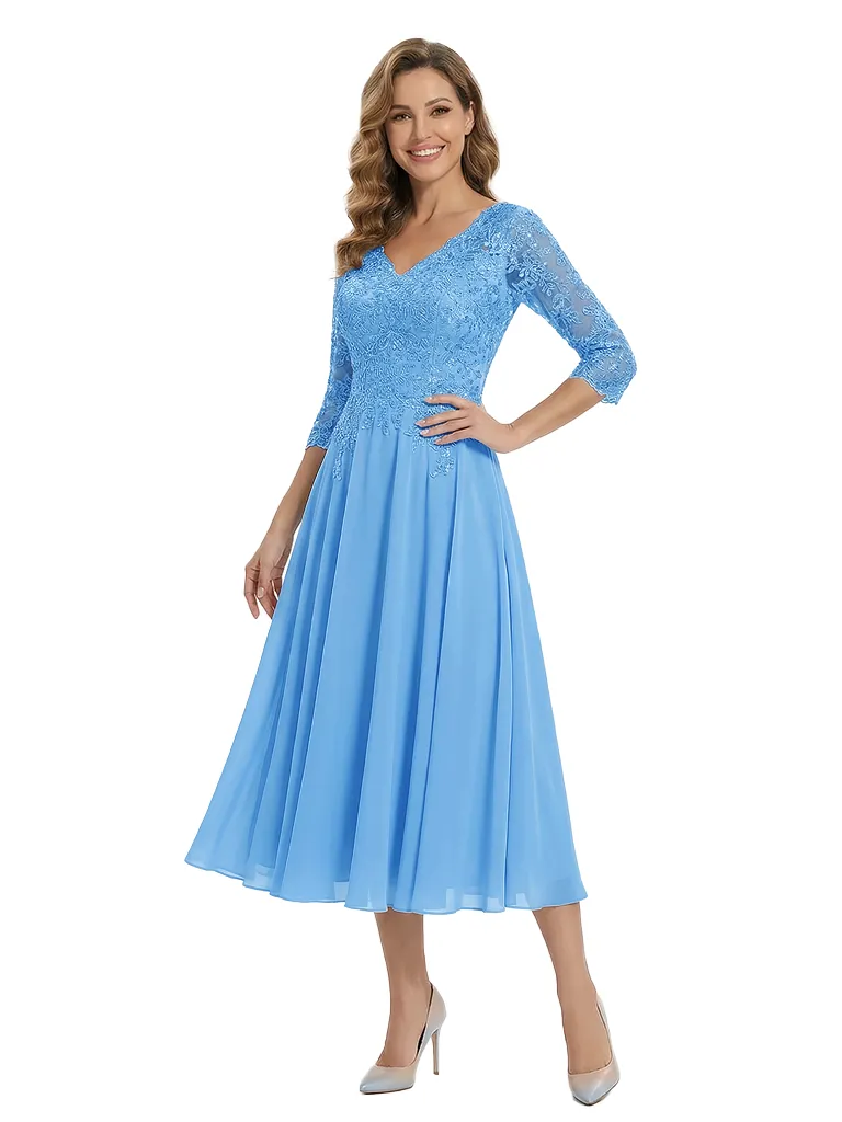 Classy Tea-Length Mother Of The Bride Dress Lace With Long Sleeves Chiffon A-line Gown sold by ChicSew product image thumbnail 5