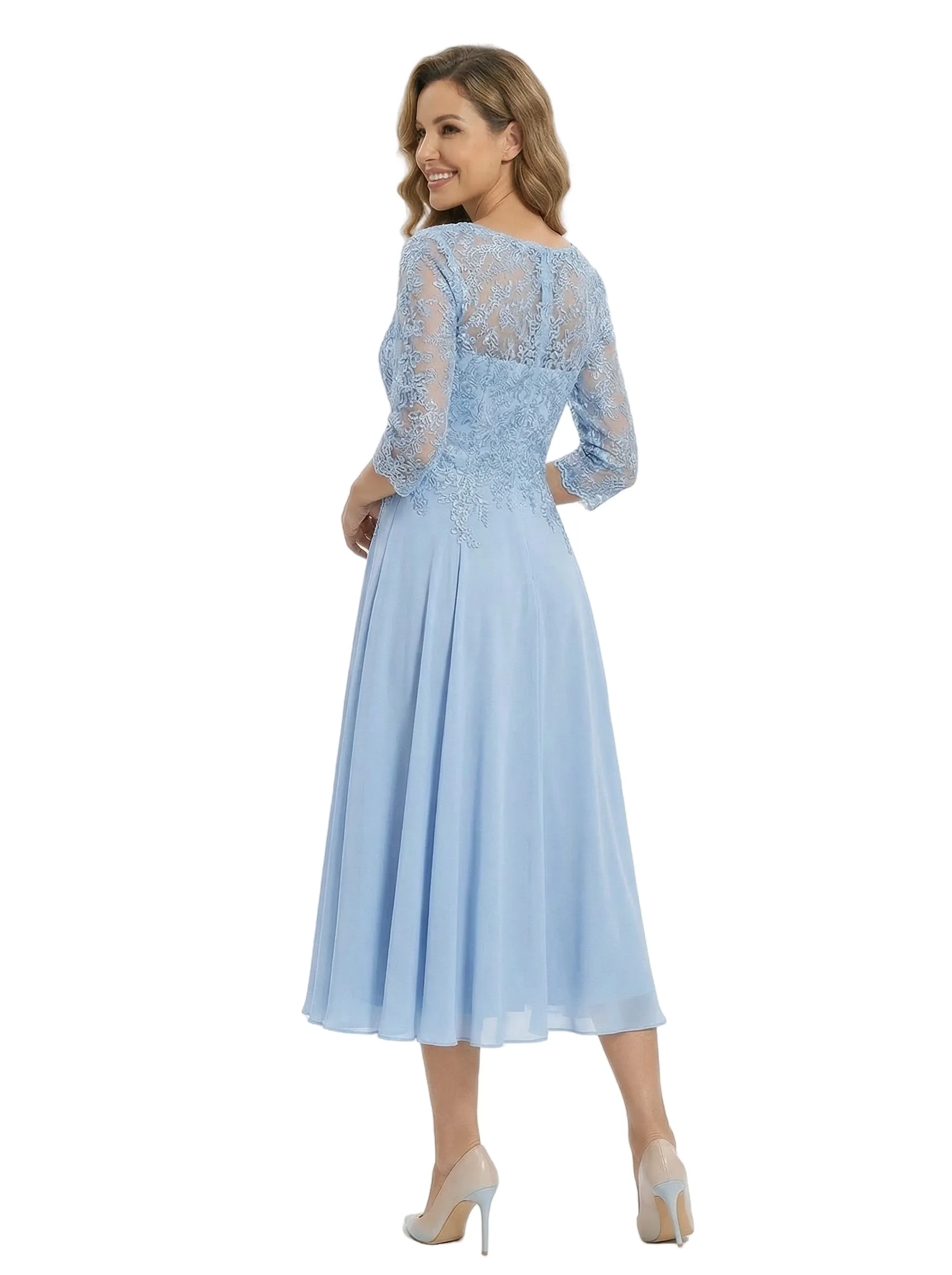 Classy Tea-Length Mother Of The Bride Dress Lace With Long Sleeves Chiffon A-line Gown sold by ChicSew product image thumbnail 3