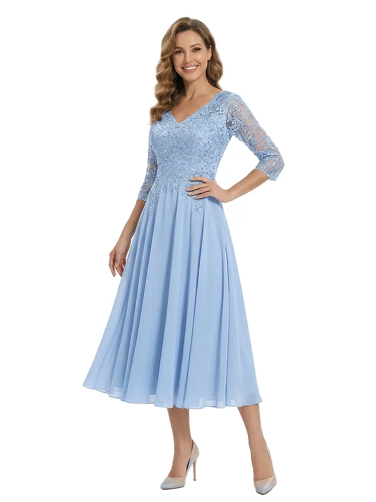 Classy Tea-Length Mother Of The Bride Dress Lace With Long Sleeves Chiffon A-line Gown sold by ChicSew