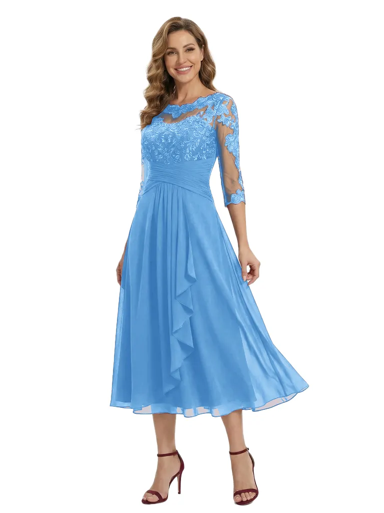 Pretty Scoop Neck Long Lace Chiffon Mother of The Groom Dress Tea-Length A-Line Gown with Ruffle sold by ChicSew product image thumbnail 5