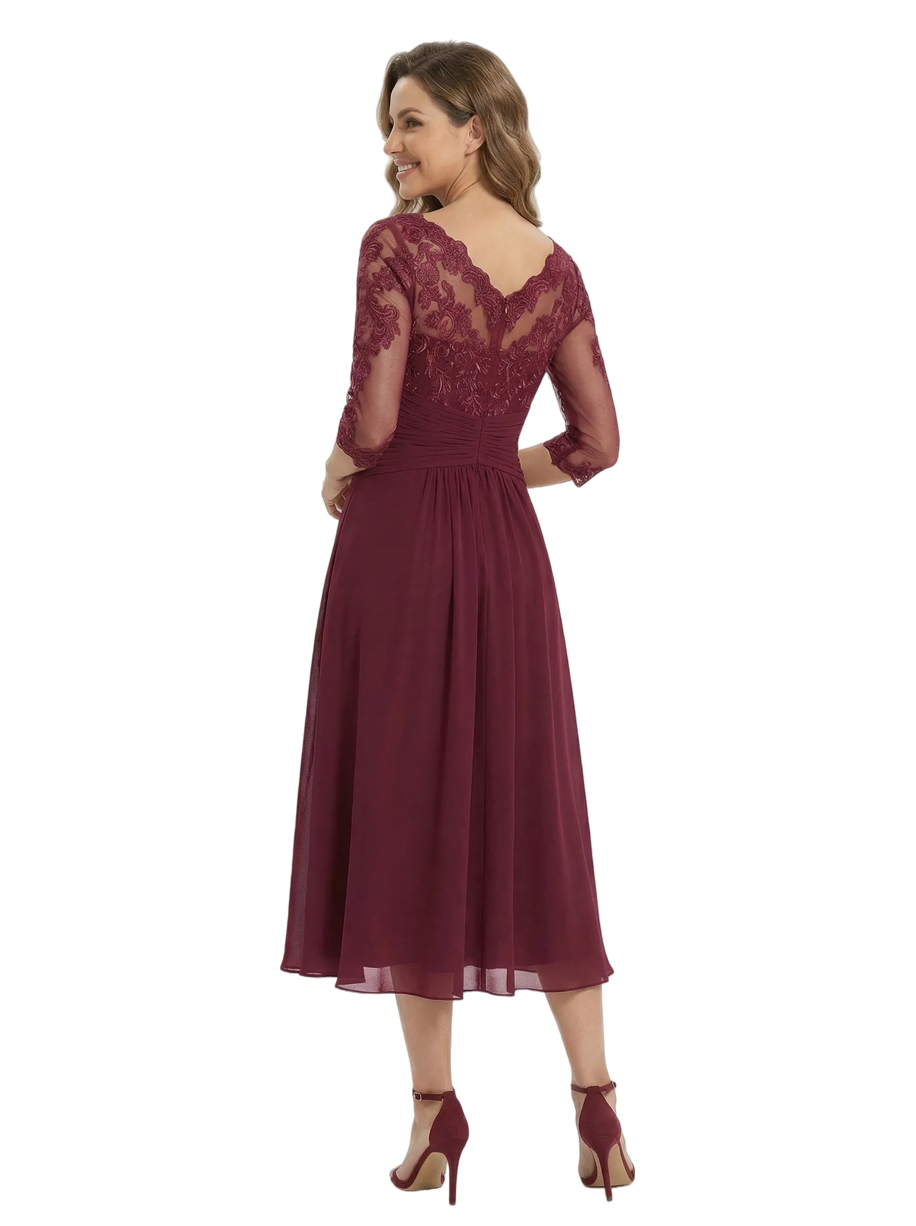 Pretty Scoop Neck Long Lace Chiffon Mother of The Groom Dress Tea-Length A-Line Gown with Ruffle sold by ChicSew product image thumbnail 3