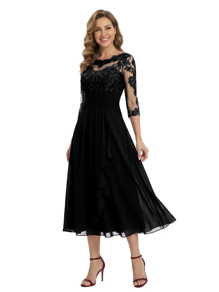 Pretty Scoop Neck Long Lace Chiffon Mother of The Groom Dress Tea-Length A-Line Gown with Ruffle sold by ChicSew product image thumbnail 4