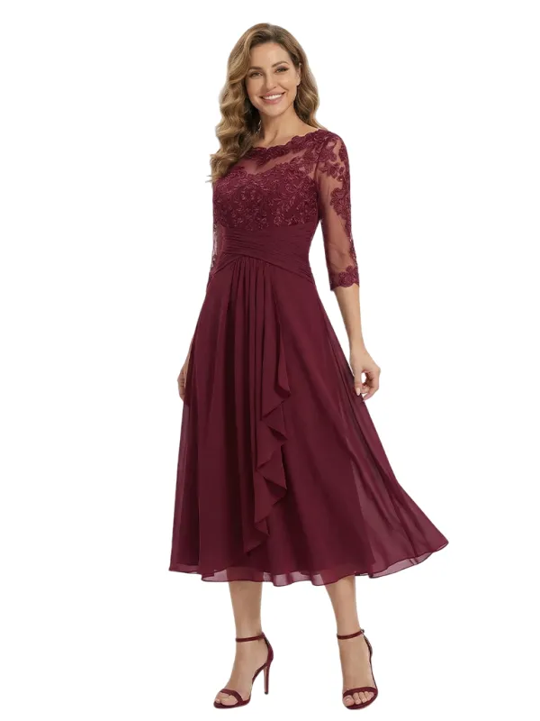 Pretty Scoop Neck Long Lace Chiffon Mother of The Groom Dress Tea-Length A-Line Gown with Ruffle sold by ChicSew
