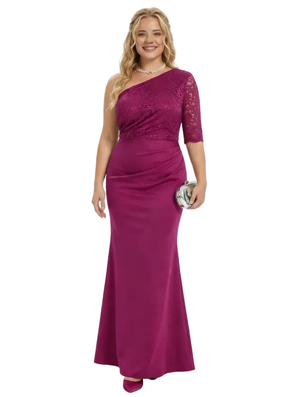 Unique One Shoulder Lace Mother of The Groom Dress Maxi Sheath Gown with Ruching Elegant Formal Occasion Attire sold by ChicSew
