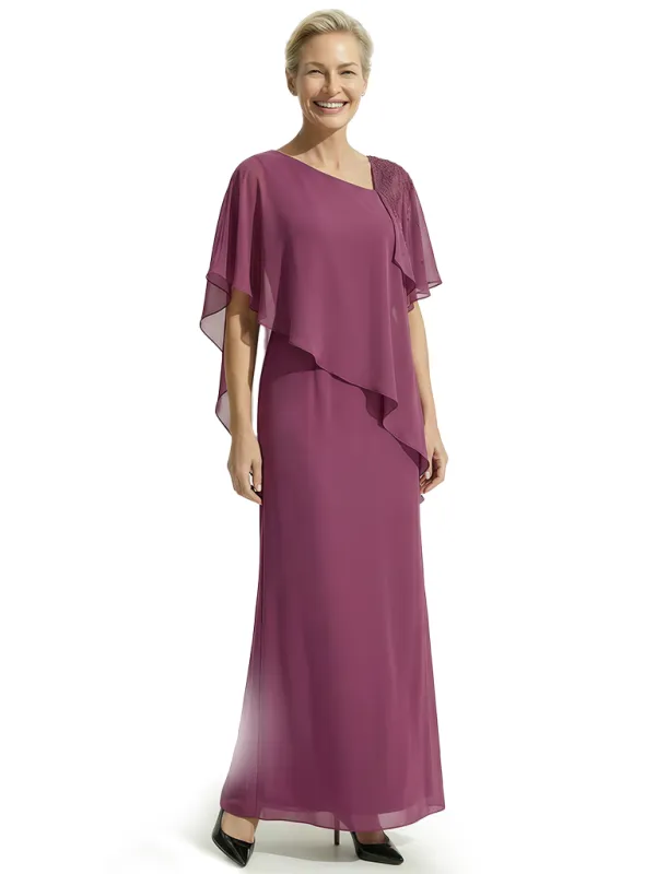 Modern Asymmetric Cape Sleeve Chiffon Mother of The Bride Dress Wedding Guest Outfit sold by ChicSew