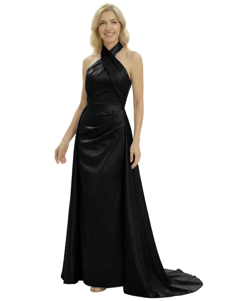 Elegant Cross Halter Neck Satin Mother of The Groom Dress Sleeveless Sheath Maxi Gown sold by ChicSew product image thumbnail 4