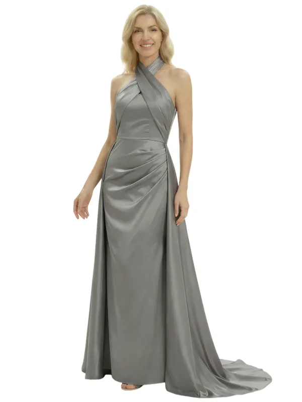 Elegant Cross Halter Neck Satin Mother of The Groom Dress Sleeveless Sheath Maxi Gown made by ChicSew