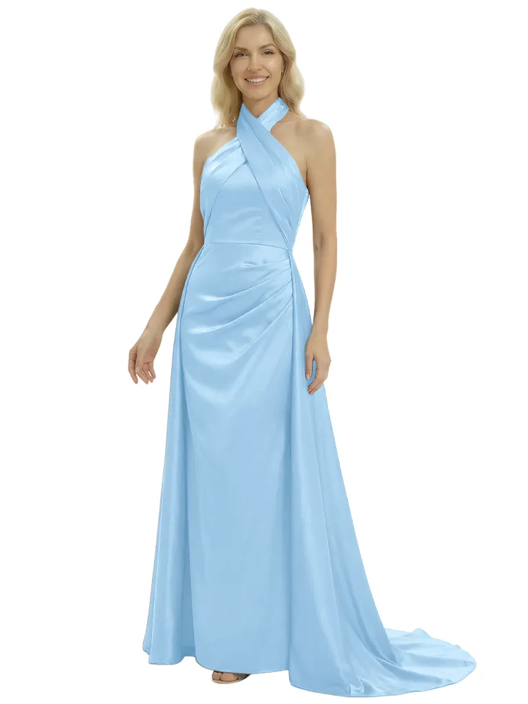 Elegant Cross Halter Neck Satin Mother of The Groom Dress Sleeveless Sheath Maxi Gown sold by ChicSew product image thumbnail 5