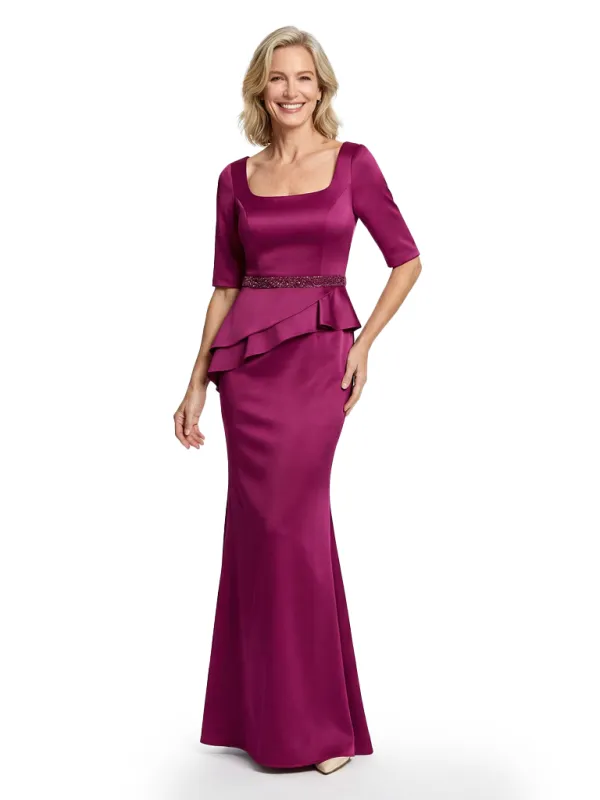 Classy Square Neck Half Sleeve Satin Mother of The Bride Dress Floor-Length Mermaid Gown with Beaded Belt Stylish Wedding Event Wear sold by ChicSew