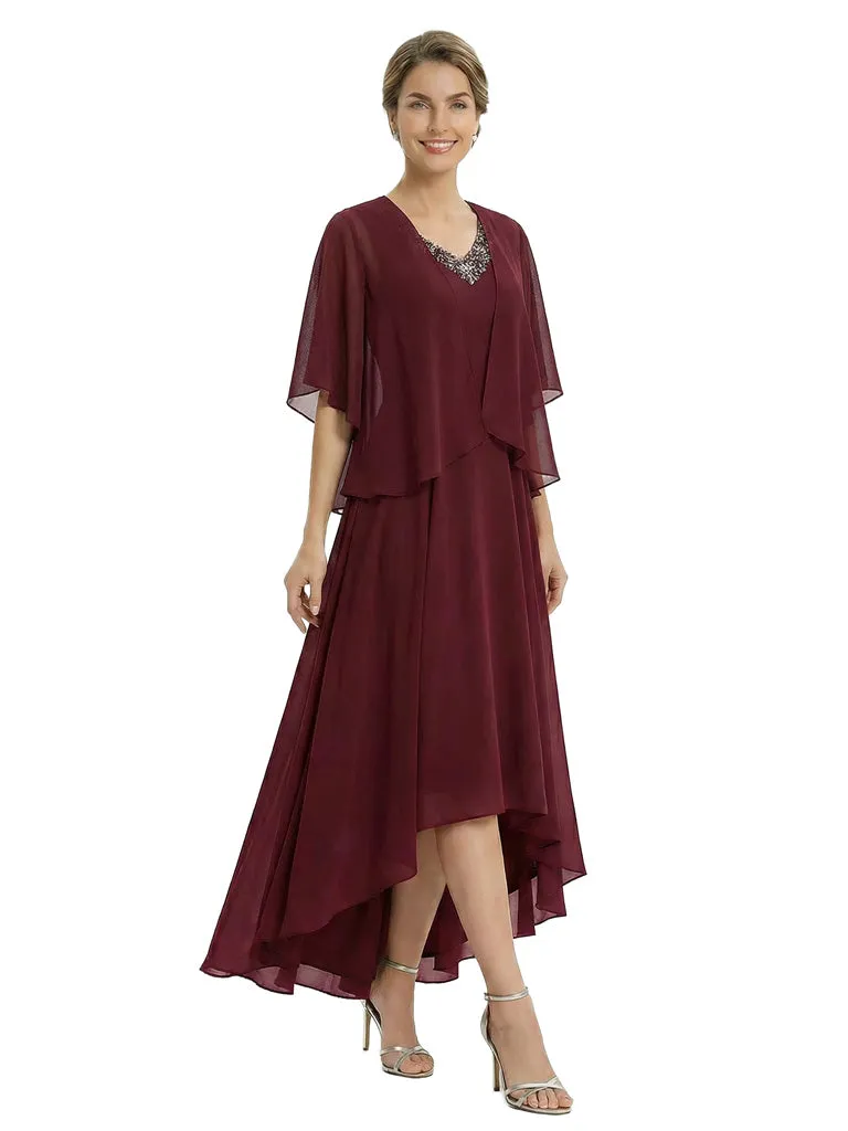 Elegant High-Low Flutter Sleeves V-Neck Beaded Mother of The Bride Gown and Jacket sold by ChicSew