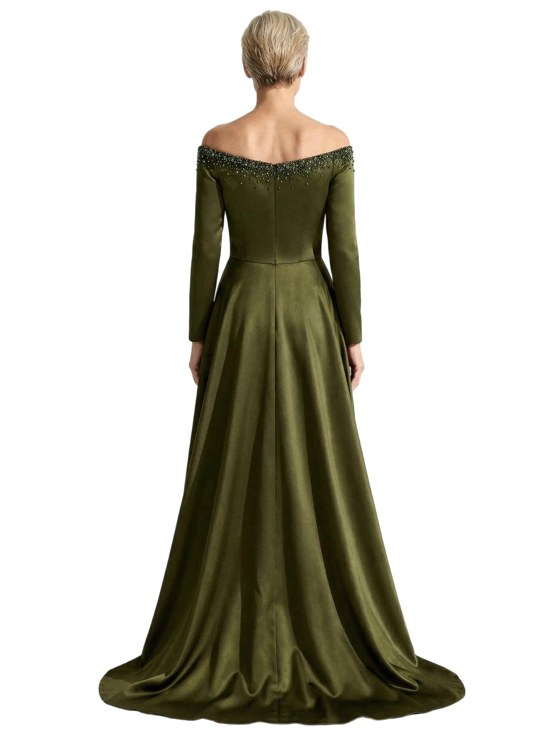Sexy Off Shoulder Beading Long Sleeves A-Line Satin Mother of the Groom Evening Dress sold by ChicSew product image thumbnail 3
