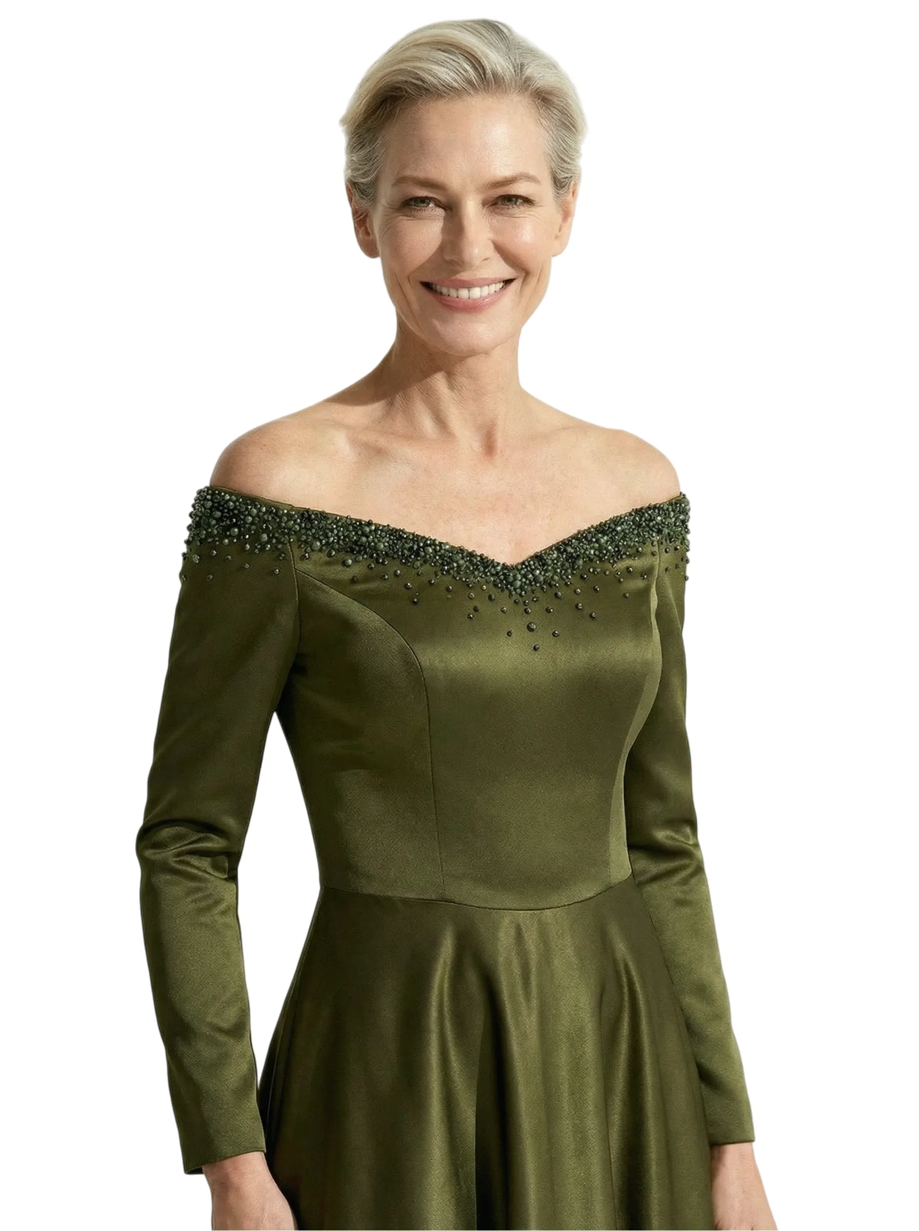 Sexy Off Shoulder Beading Long Sleeves A-Line Satin Mother of the Groom Evening Dress sold by ChicSew product image thumbnail 2