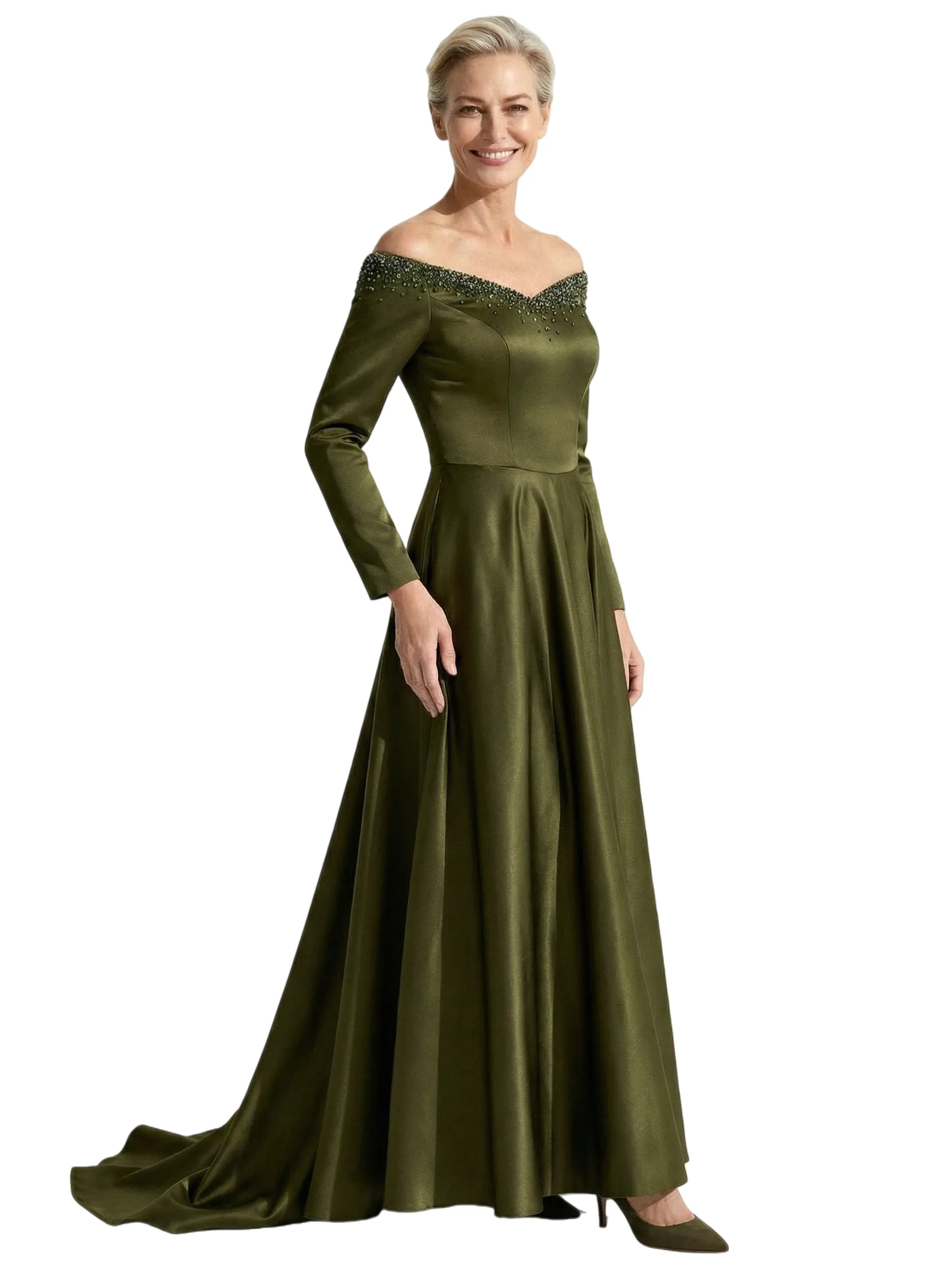 Sexy Off Shoulder Beading Long Sleeves A-Line Satin Mother of the Groom Evening Dress sold by ChicSew product image thumbnail 4