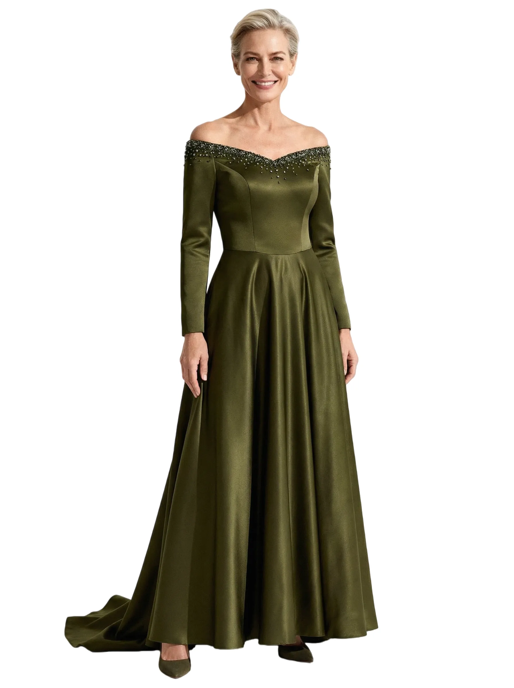 Sexy Off Shoulder Beading Long Sleeves A-Line Satin Mother of the Groom Evening Dress sold by ChicSew product image thumbnail 5