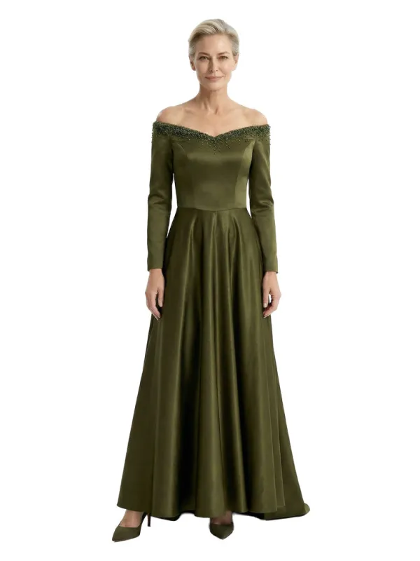 Sexy Off Shoulder Beading Long Sleeves A-Line Satin Mother of the Groom Evening Dress sold by ChicSew
