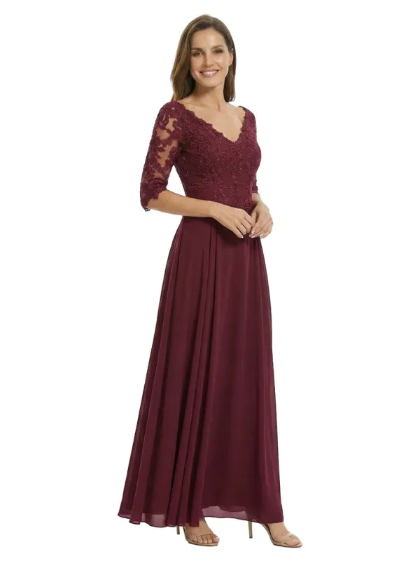 Classy V-Neck 3/4 Lace Sleeves A-Line Floor Length Mother of The Bride Gown sold by ChicSew