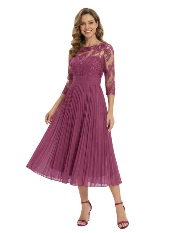 Elegant Summer Pleated Long Sleeve Chiffon Mother of The Bride Dress Tea-Length sold by ChicSew