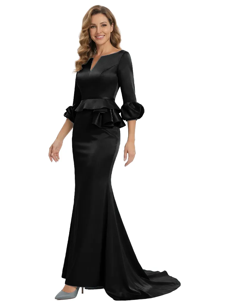 Elegant V-Neck Satin Mother of The Bride Dress With Sleeve Mermaid Maxi Gown With Train sold by ChicSew product image thumbnail 4