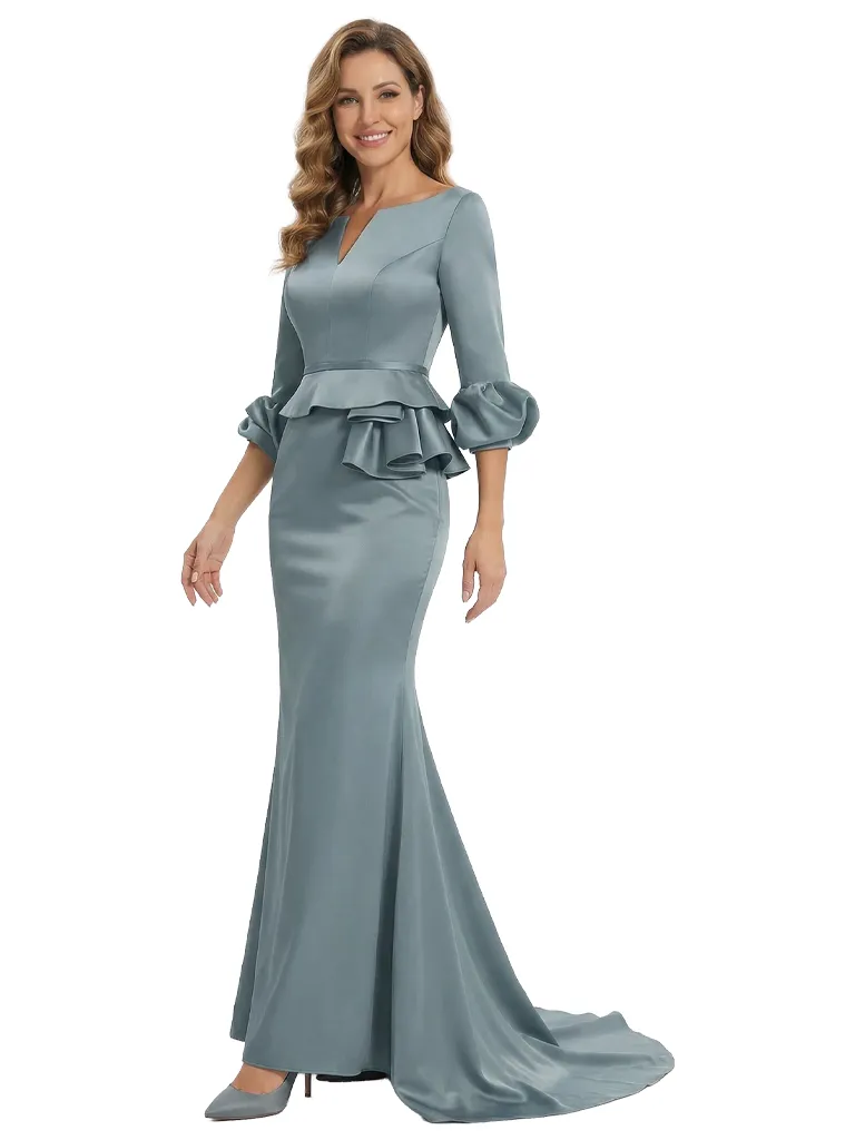 Elegant V-Neck Satin Mother of The Bride Dress With Sleeve Mermaid Maxi Gown With Train sold by ChicSew