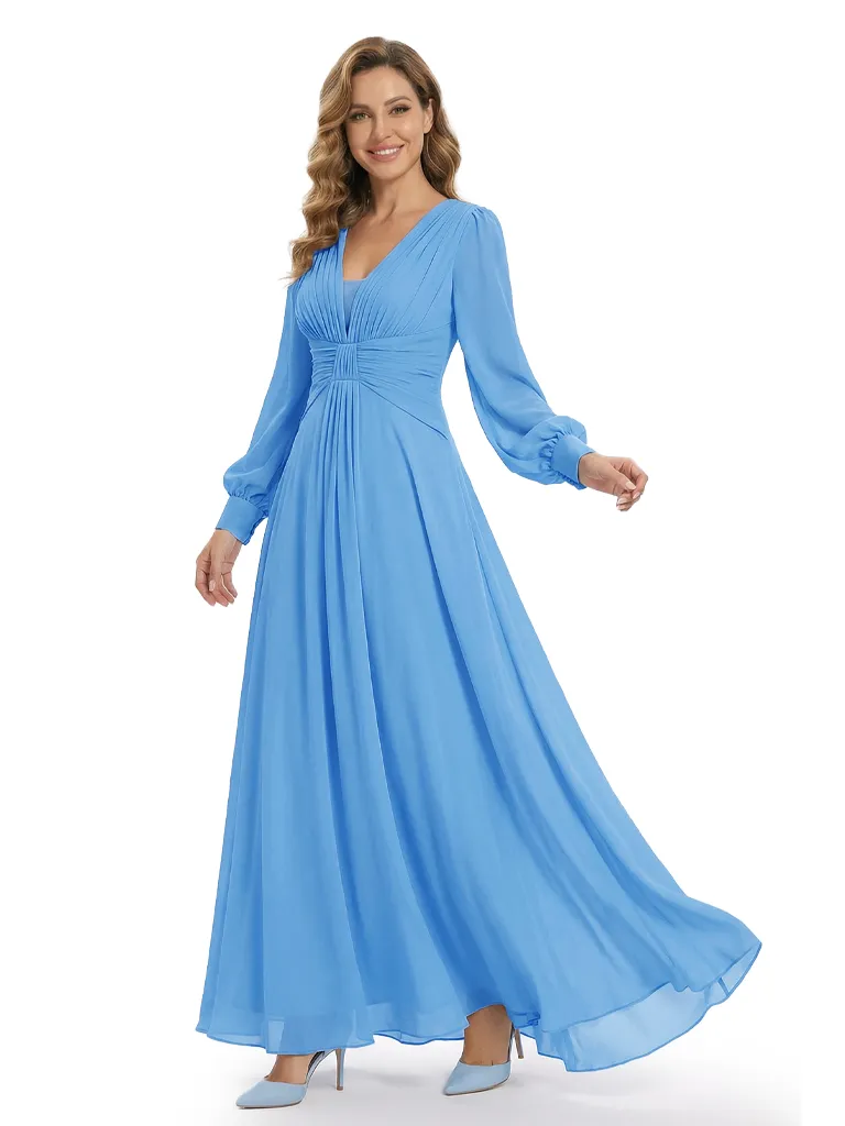Long Sleeve Chiffon Mother of the Bride Dresses V-Neck Ruched A-Line Floor Length Formal sold by ChicSew product image thumbnail 5