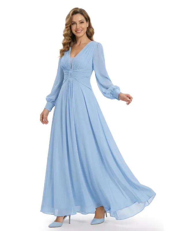 Long Sleeve Chiffon Mother of the Bride Dresses V-Neck Ruched A-Line Floor Length Formal sold by ChicSew