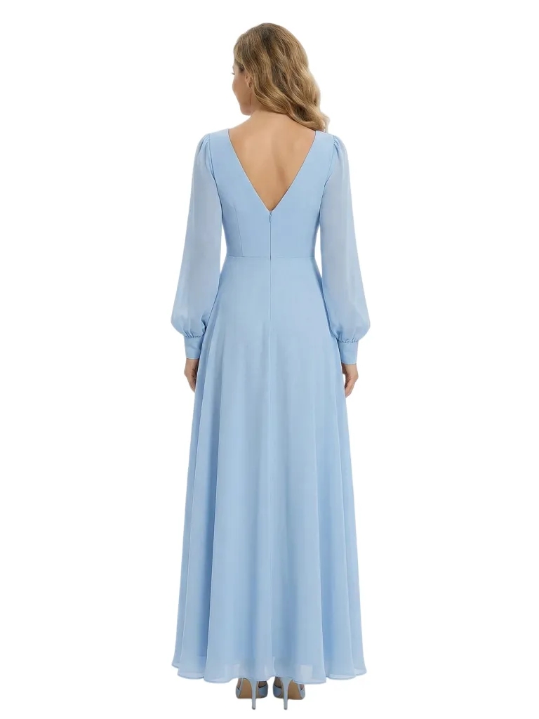 Long Sleeve Chiffon Mother of the Bride Dresses V-Neck Ruched A-Line Floor Length Formal sold by ChicSew product image thumbnail 3