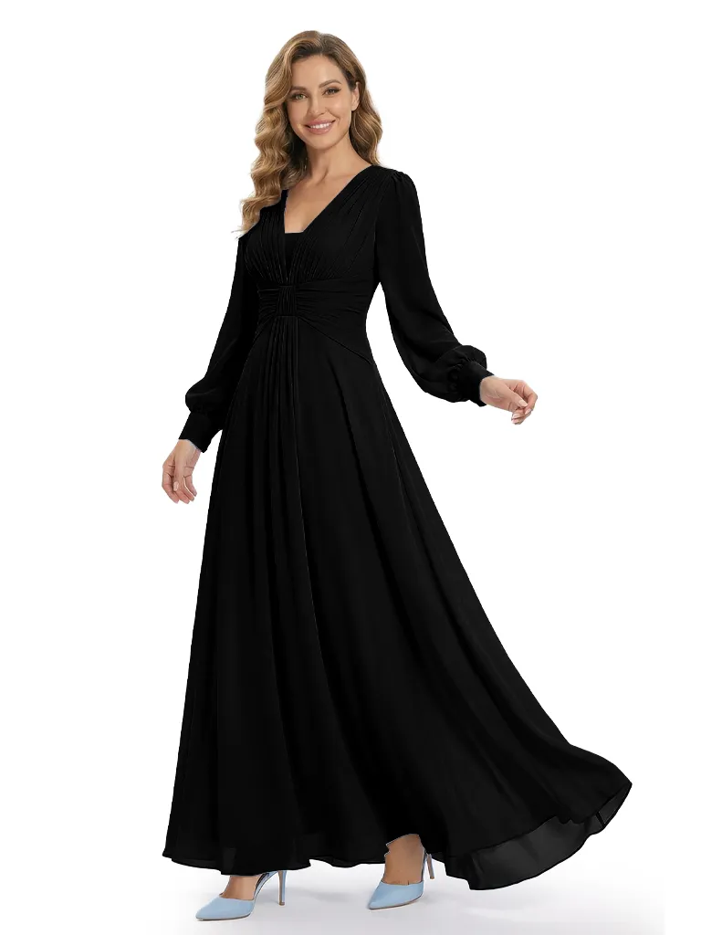 Long Sleeve Chiffon Mother of the Bride Dresses V-Neck Ruched A-Line Floor Length Formal sold by ChicSew product image thumbnail 4