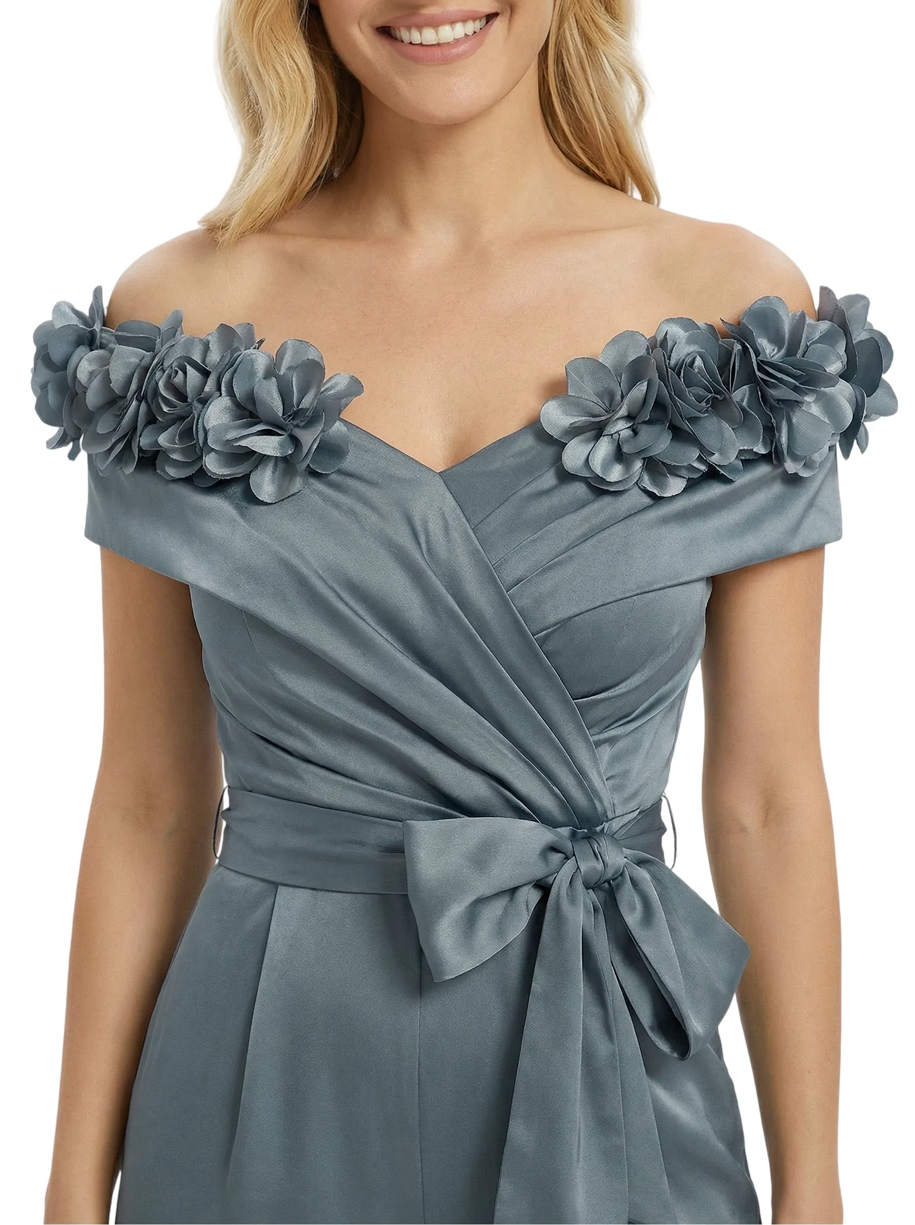 Elegant Off The Shoulder V-Neck Ruching Satin Mother Of The Groom Pants Suit sold by ChicSew product image thumbnail 2