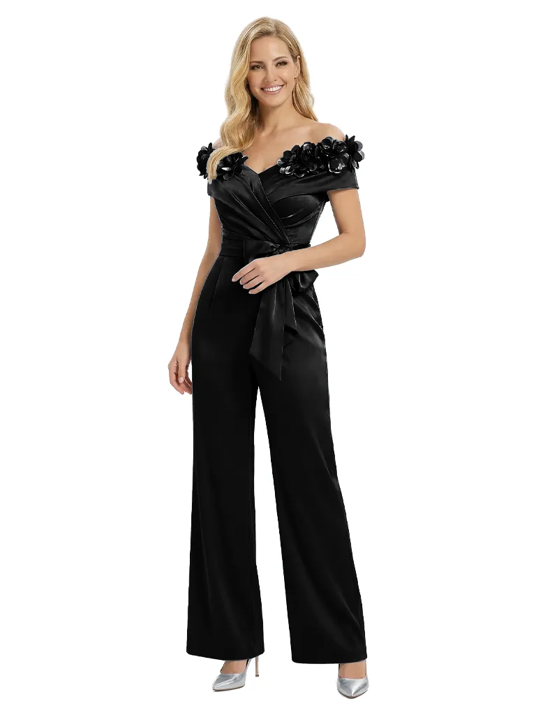 Elegant Off The Shoulder V-Neck Ruching Satin Mother Of The Groom Pants Suit sold by ChicSew product image thumbnail 4