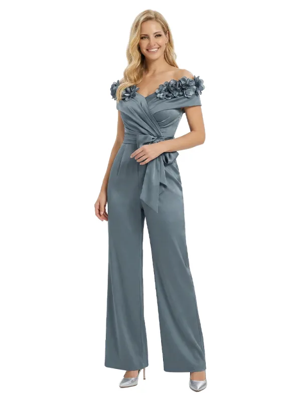 Elegant Off The Shoulder V-Neck Ruching Satin Mother Of The Groom Pants Suit sold by ChicSew