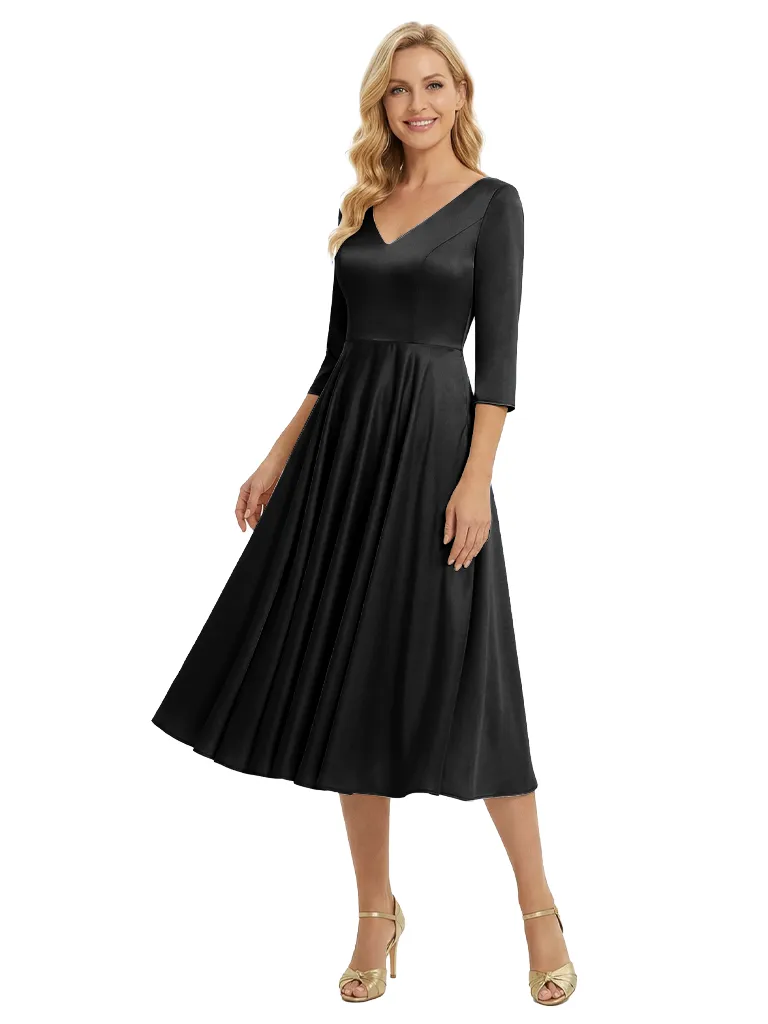 Elegant V-Neck Long Sleeves A-Line Satin Tea-Length Mother of the Bride Dresses sold by ChicSew product image thumbnail 4