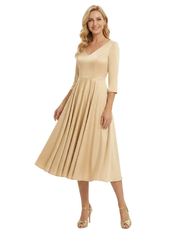 Elegant V-Neck Long Sleeves A-Line Satin Tea-Length Mother of the Bride Dresses sold by ChicSew